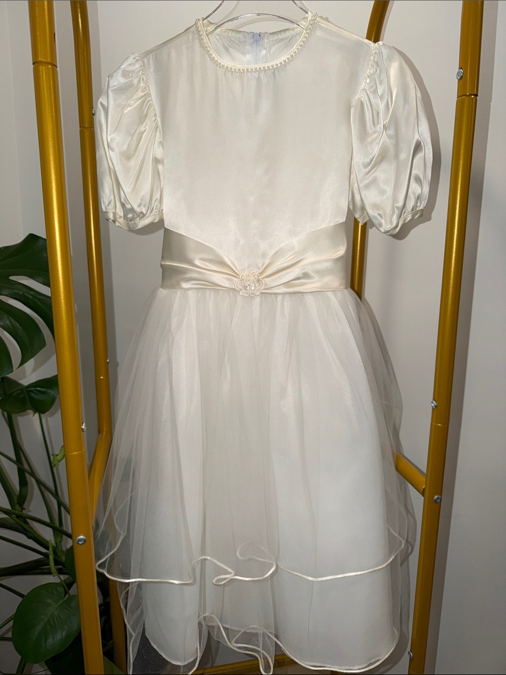 Ivory Satin & Tulle Girls' Formal Dress with Puff Sleeves
